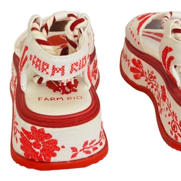 FARM RIO Red Embroidery Cross Stitch Flatform Ankle Lace Up Sandals NEW $285 - Picture 9 of 16
